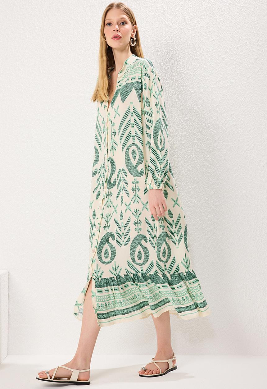 Trendyol - Midi Border Pattern Detailed Woven Dress - Khaki