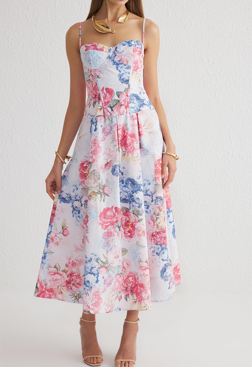 Trendyol - Flare floral patterned corset look midi prom dress - multi