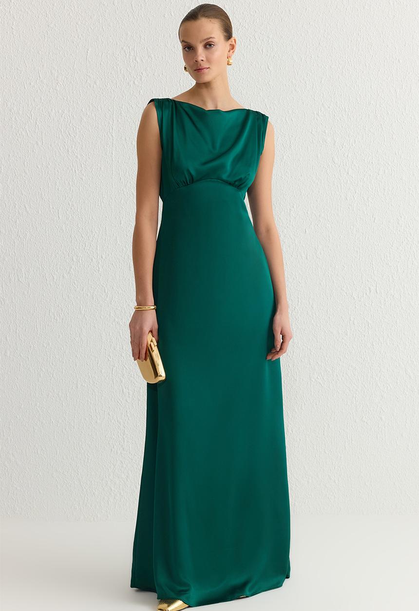 Trendyol -  Lined Satin Woven Long Elegant Dress - Emerald