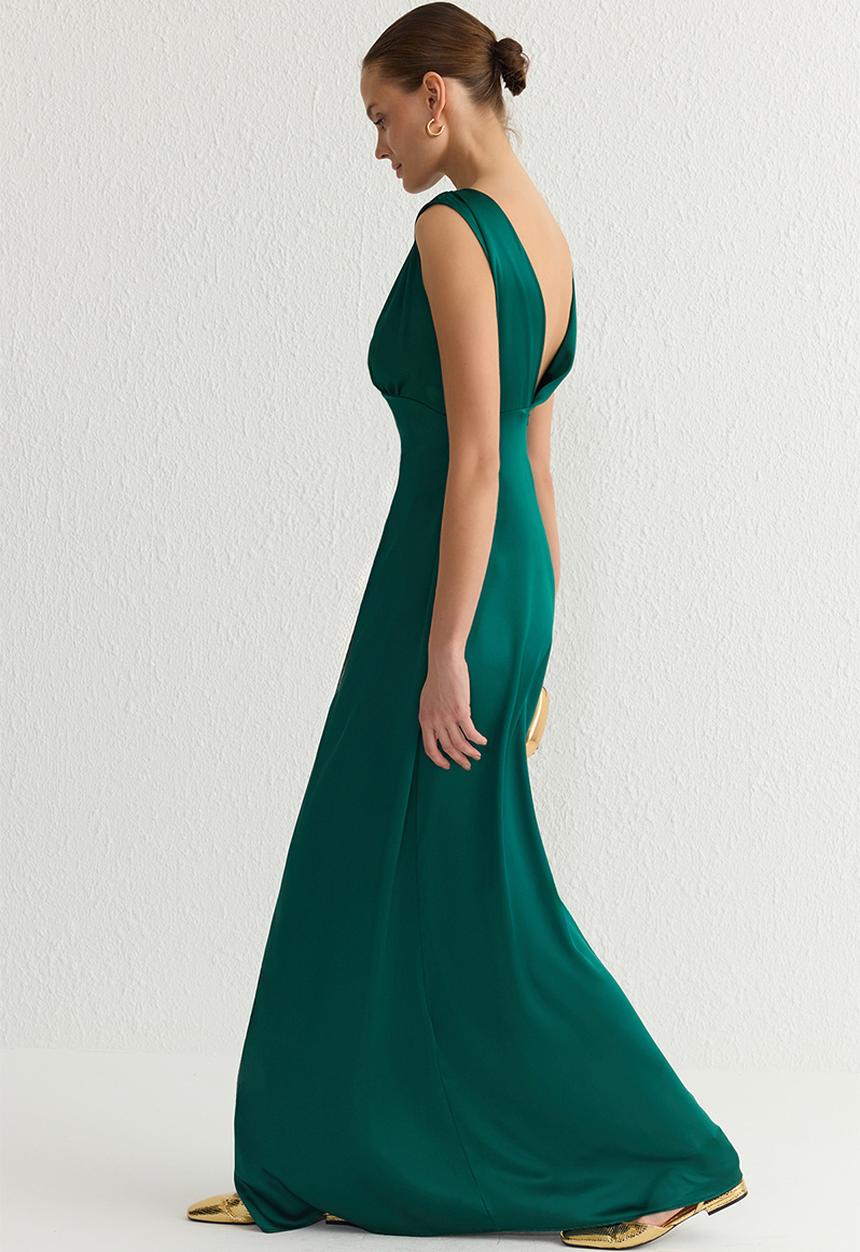 Trendyol -  Lined Satin Woven Long Elegant Dress - Emerald
