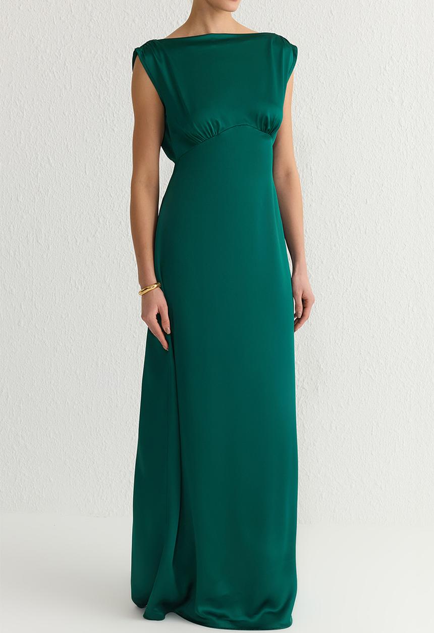 Trendyol -  Lined Satin Woven Long Elegant Dress - Emerald