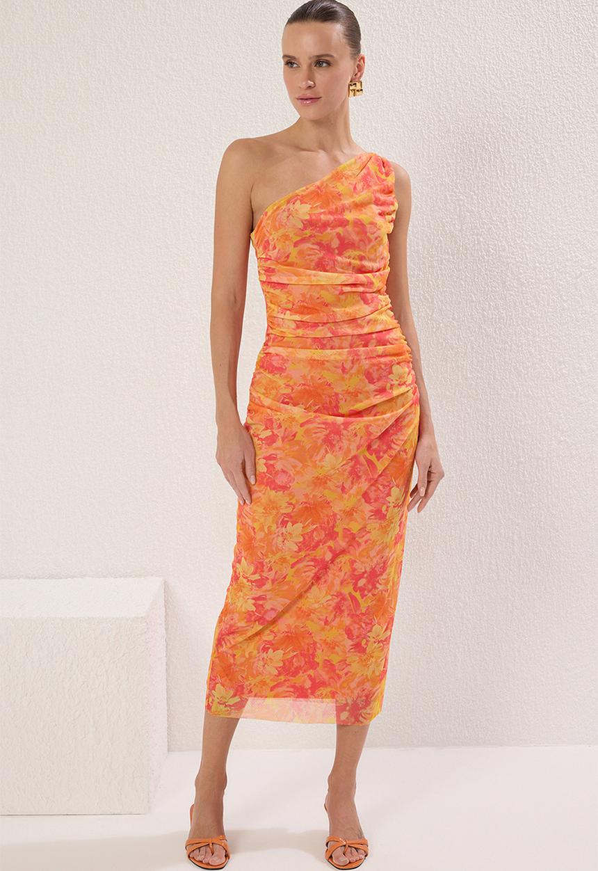Trendyol - Single sleeve accessory detail tulle stretch knit midi dress - orange