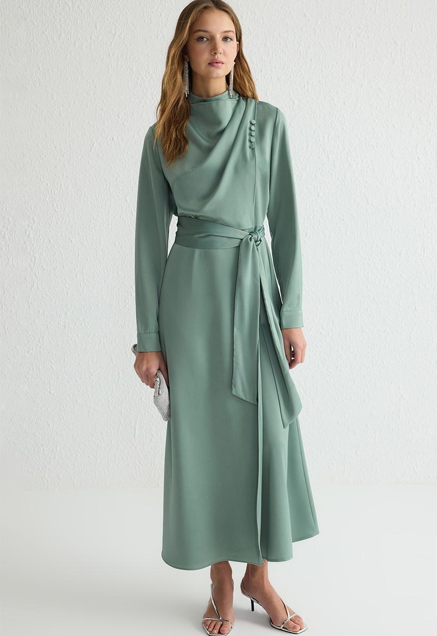 Trendyol - Stand Collar Belted Satin Woven Evening Dress - mint