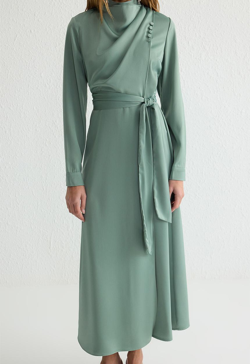 Trendyol - Stand Collar Belted Satin Woven Evening Dress - mint
