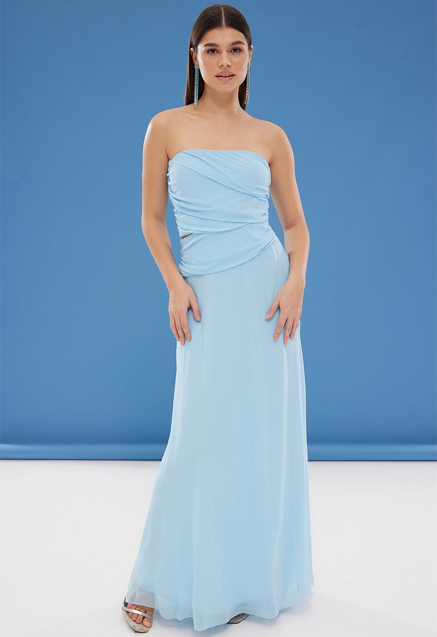 A-Line Cut Out Detailed Tulle Long Evening Dress - blue Trendyol ...