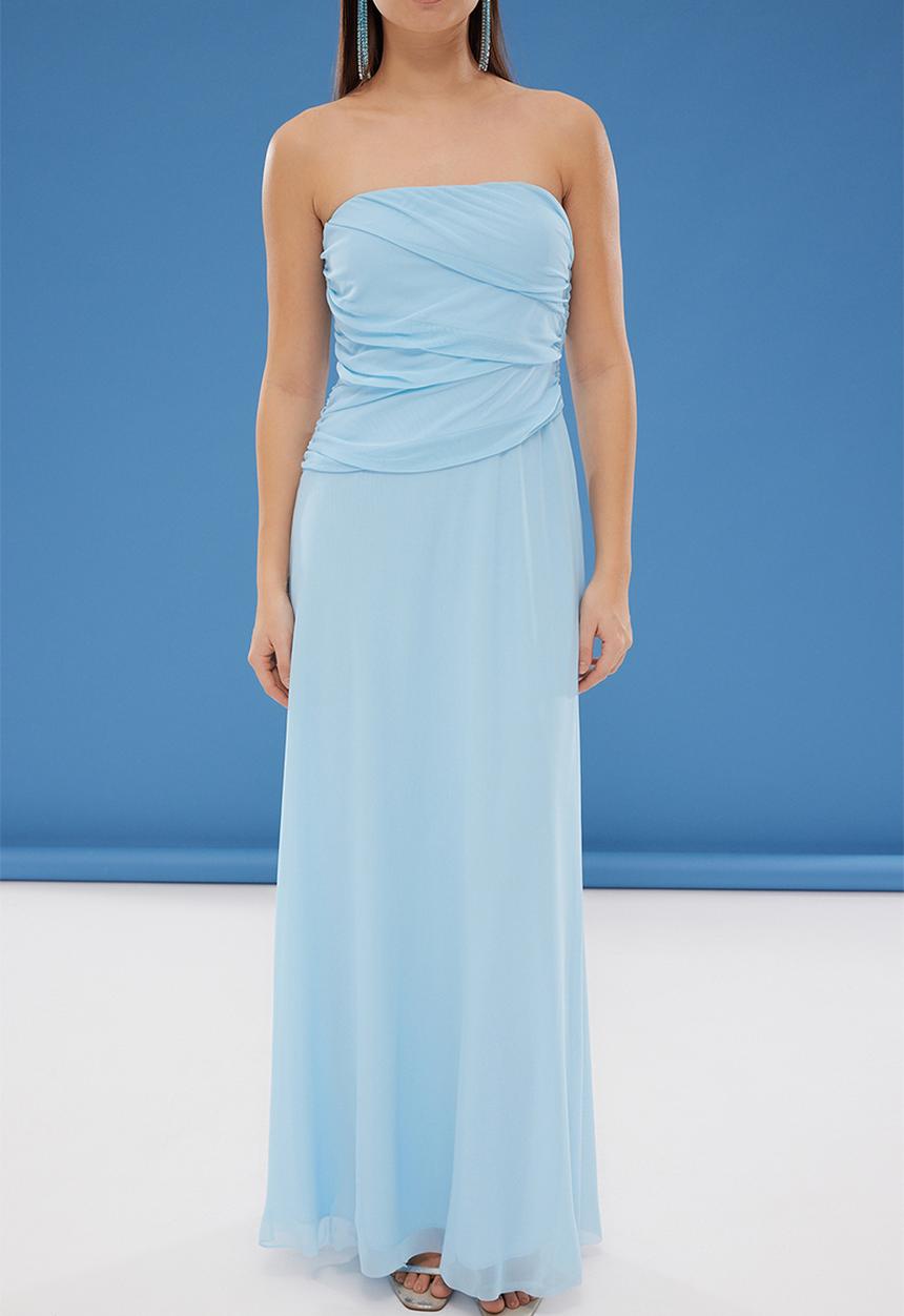 Trendyol - A-Line Cut Out Detailed Tulle Long Evening Dress - blue