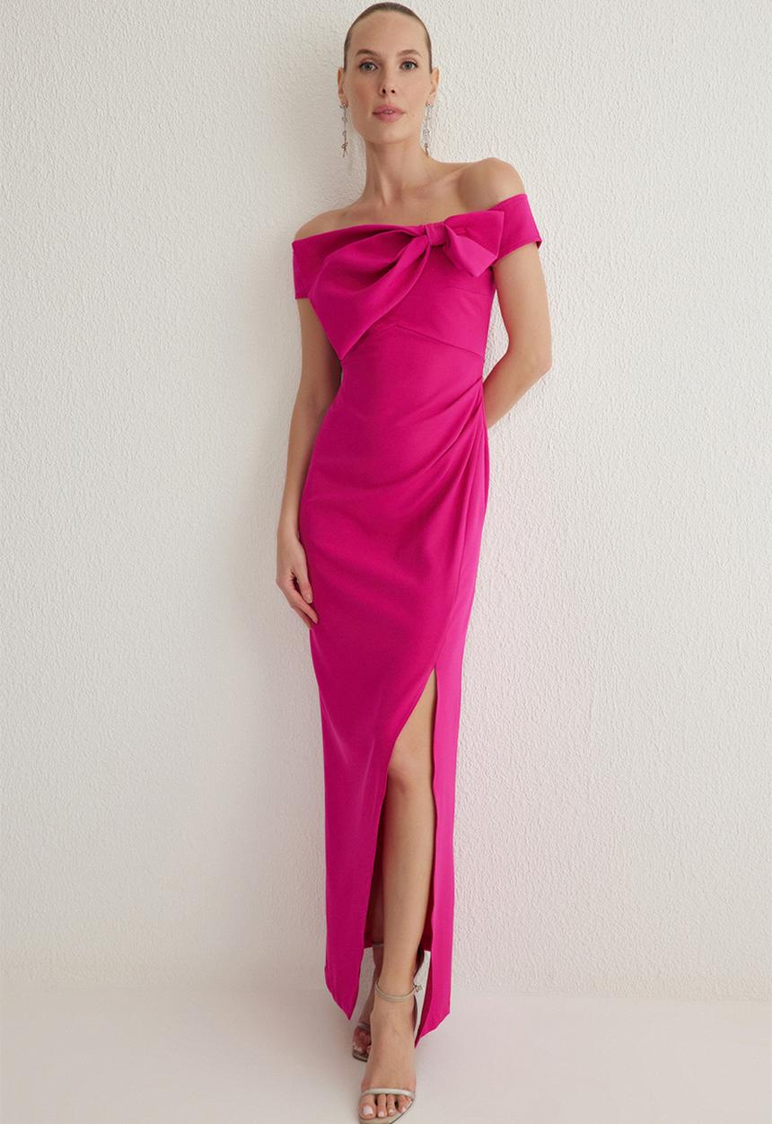 Trendyol - Bowknot Off-the-shoulder Dress - Fuchsia