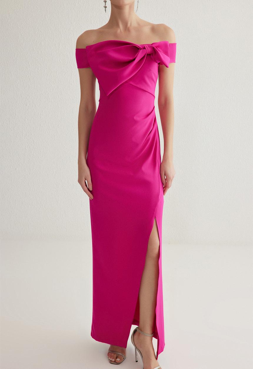 Trendyol - Bowknot Off-the-shoulder Dress - Fuchsia