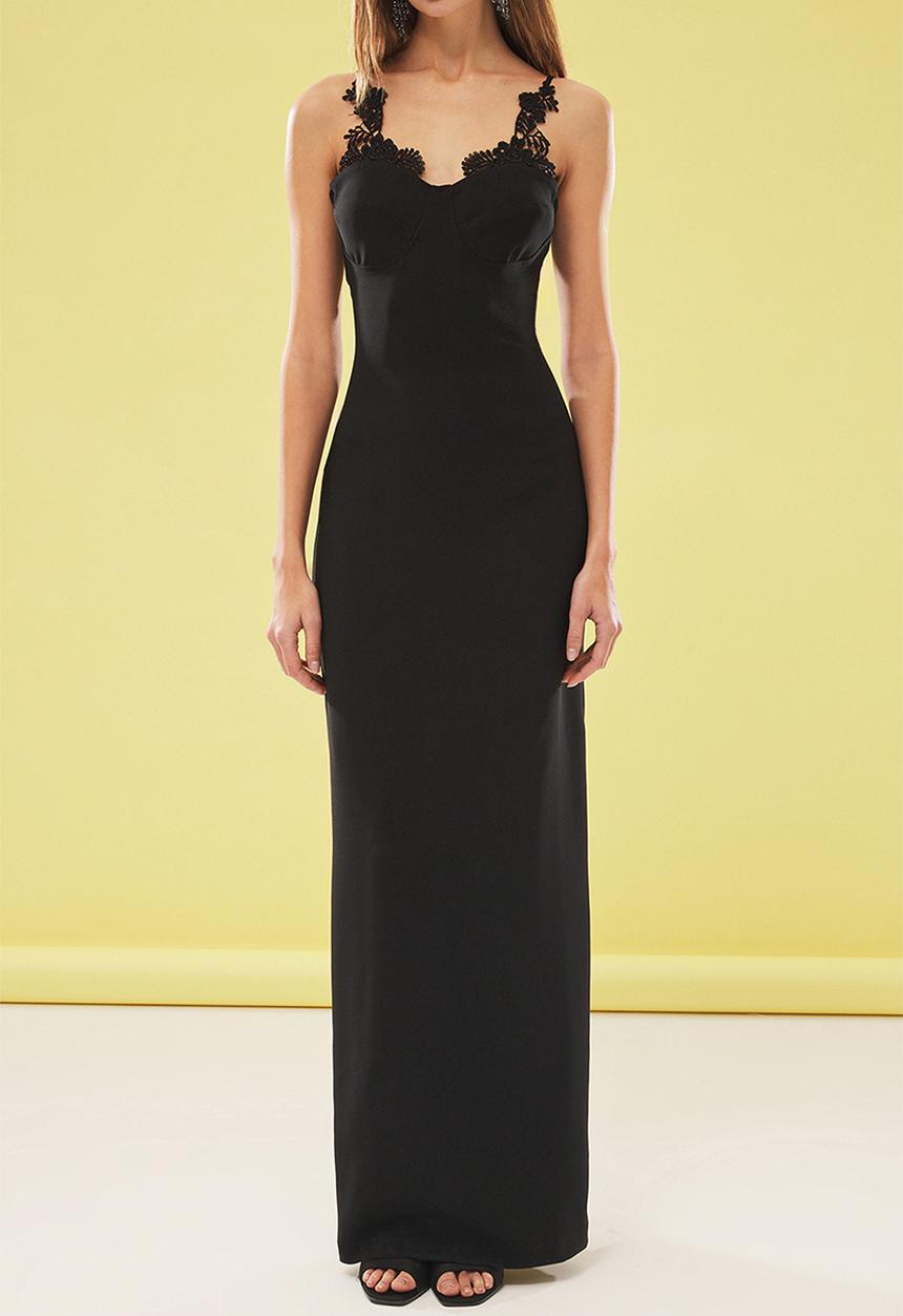 Trendyol - Bodycon Lace Detailed Woven Long Elegant Evening Dress - Black