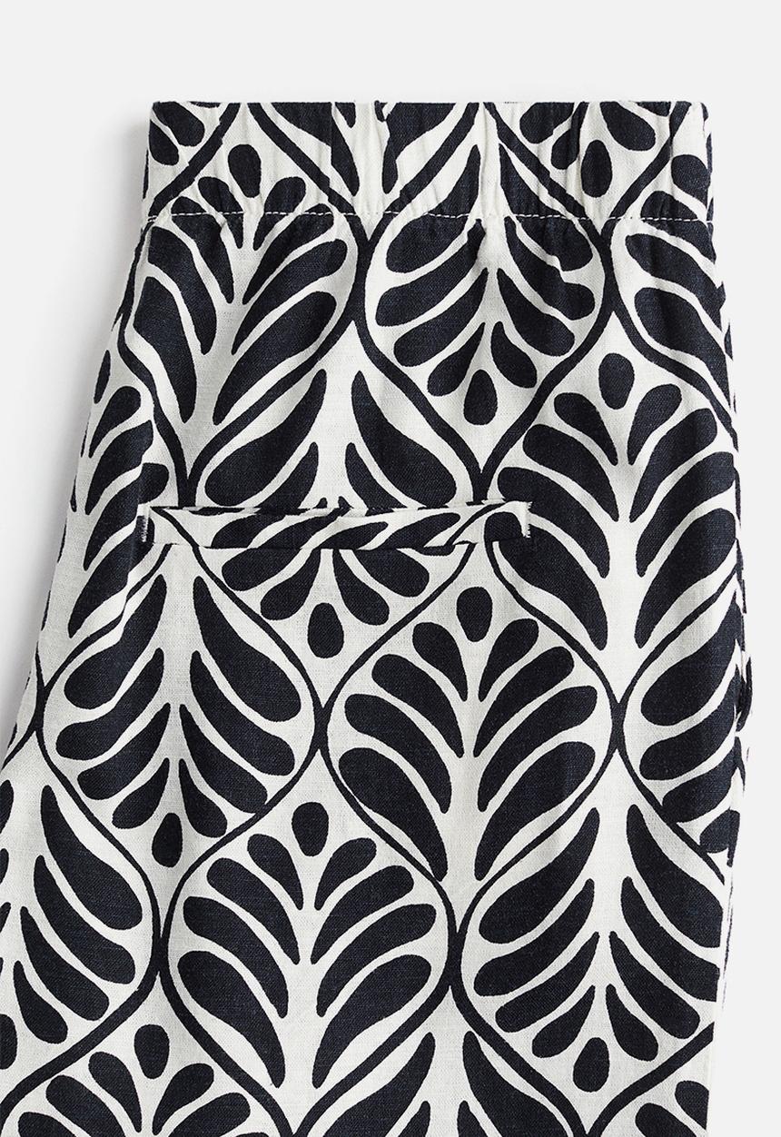 H&M - Wide linen-blend trousers - white/black patterned
