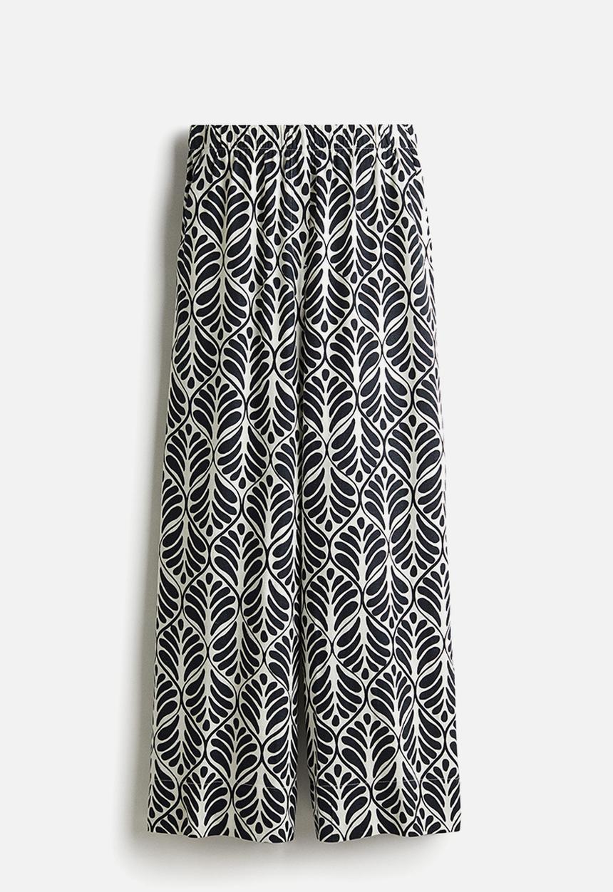 H&M - Wide linen-blend trousers - white/black patterned