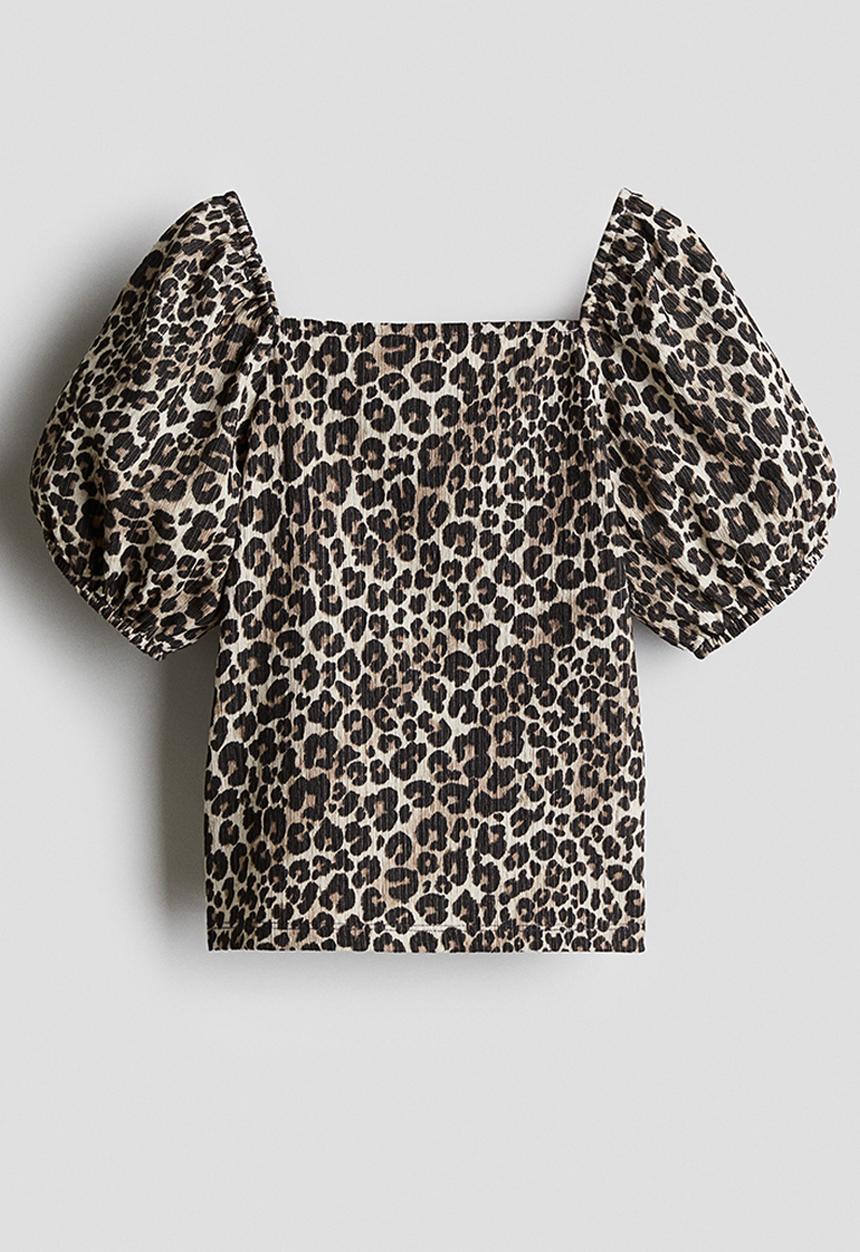 H&M - Puff-sleeve top - beige leopard print