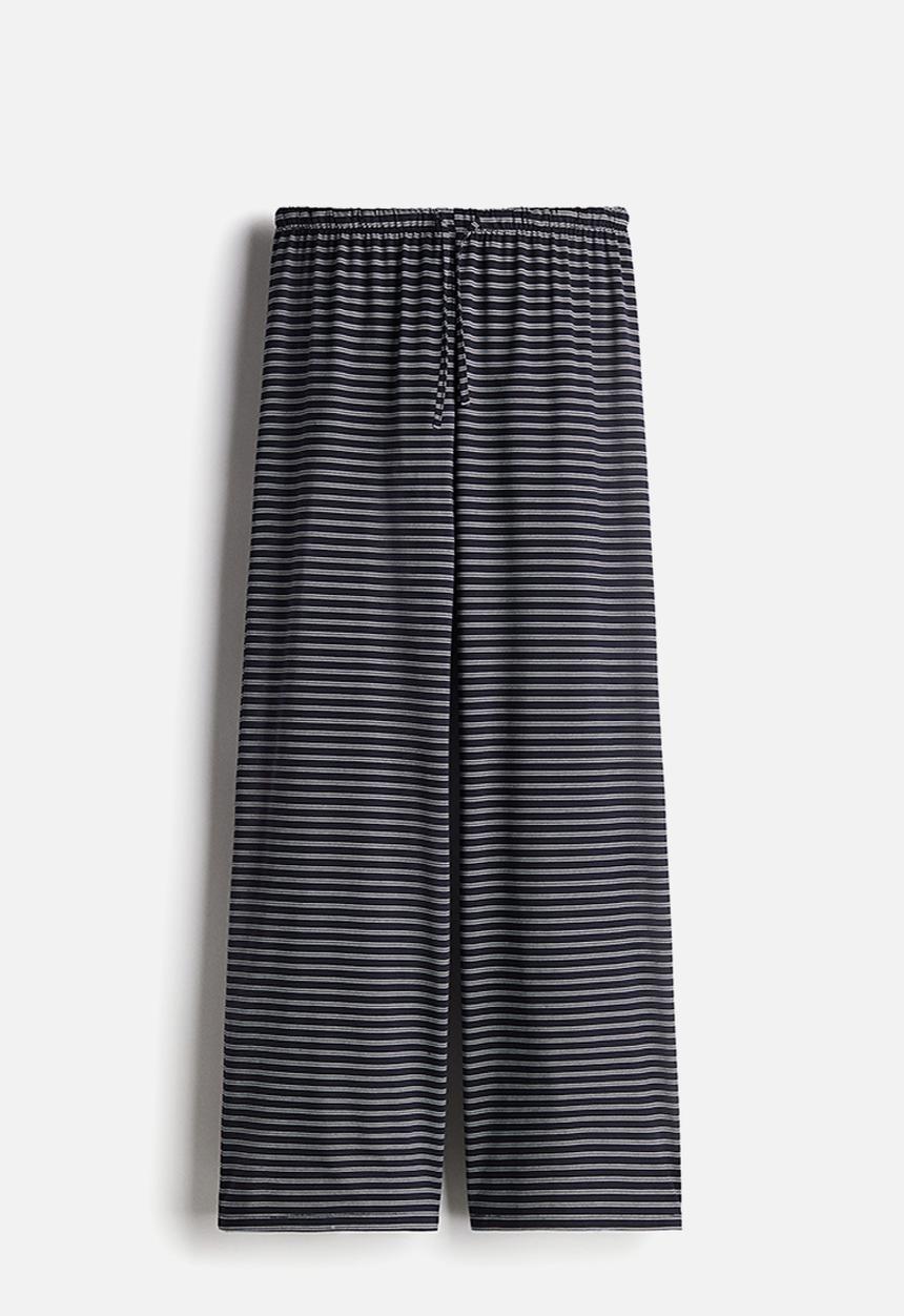 H&M - Straight drawstring trousers - navy blue/white striped