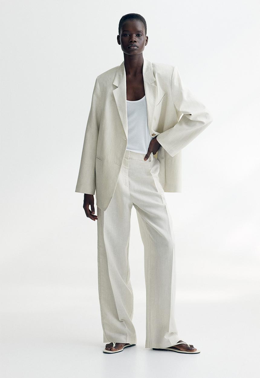 H&M - Wide linen-blend trousers - light grey