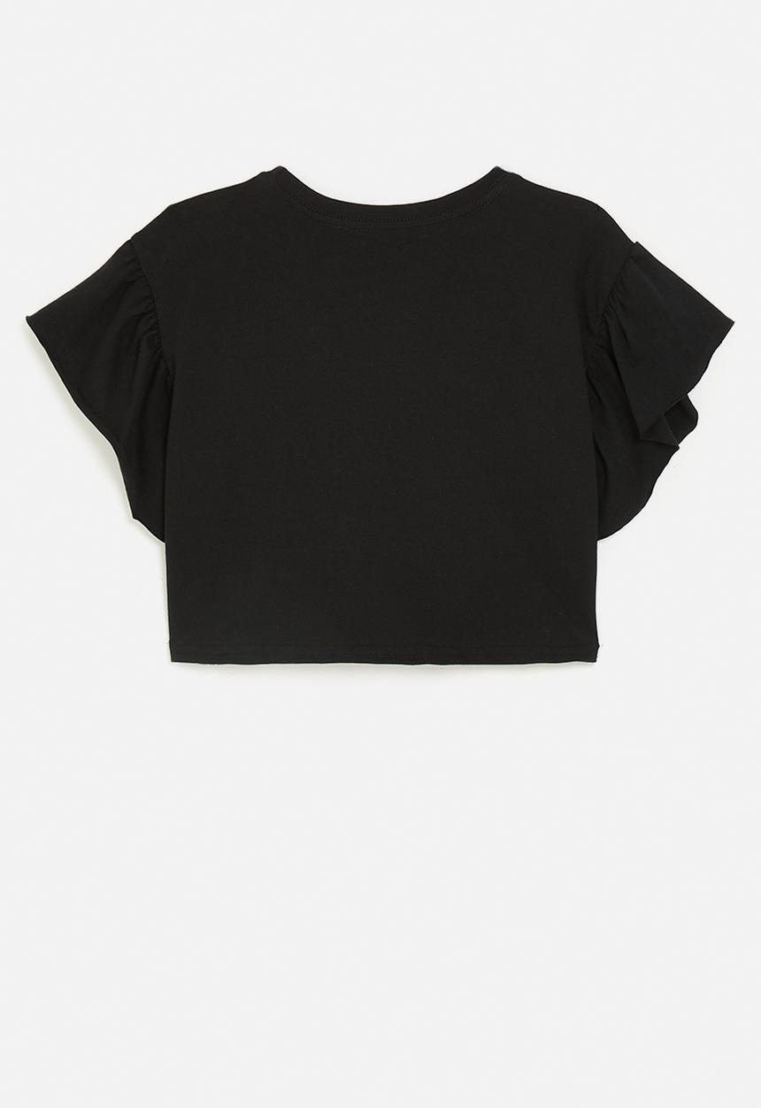 Pop Candy - Frilled sleeve crop top - black