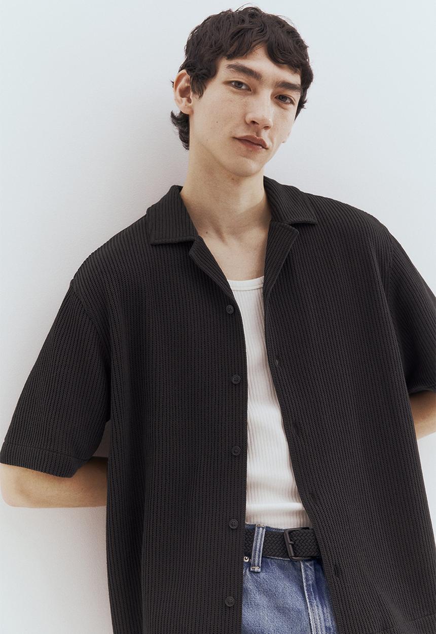 H&M - Loose fit ribbed resort shirt - black