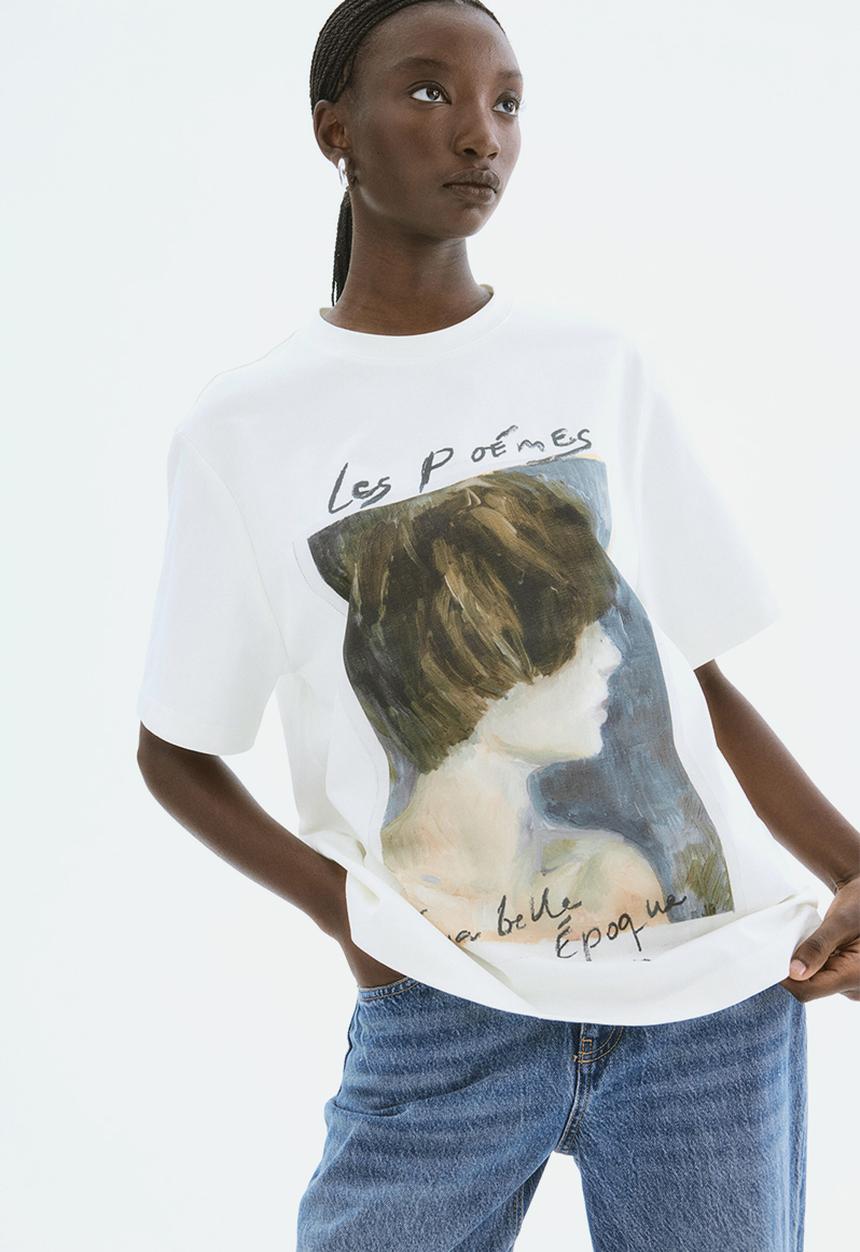H&M - Oversized printed T-shirt -white/les poémes