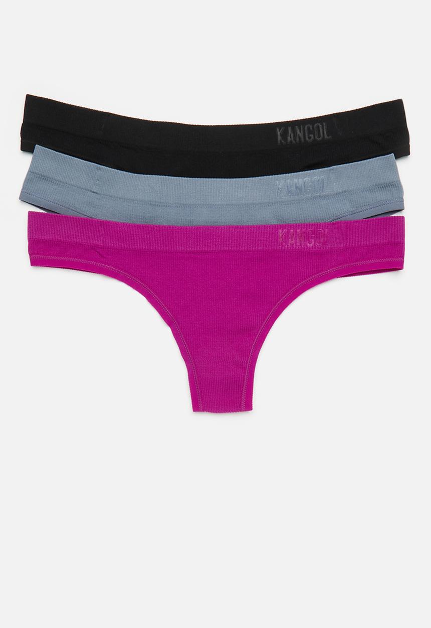 KANGOL - 3 pack seamless ribbed thong - raspberry/blue mist/black