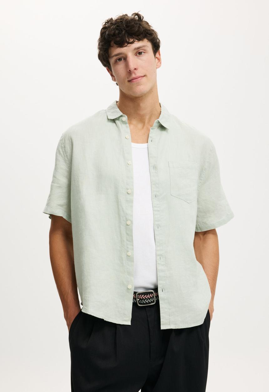 Cotton On - Relaxed Linen Short Sleeve Shirt - Faded Jade