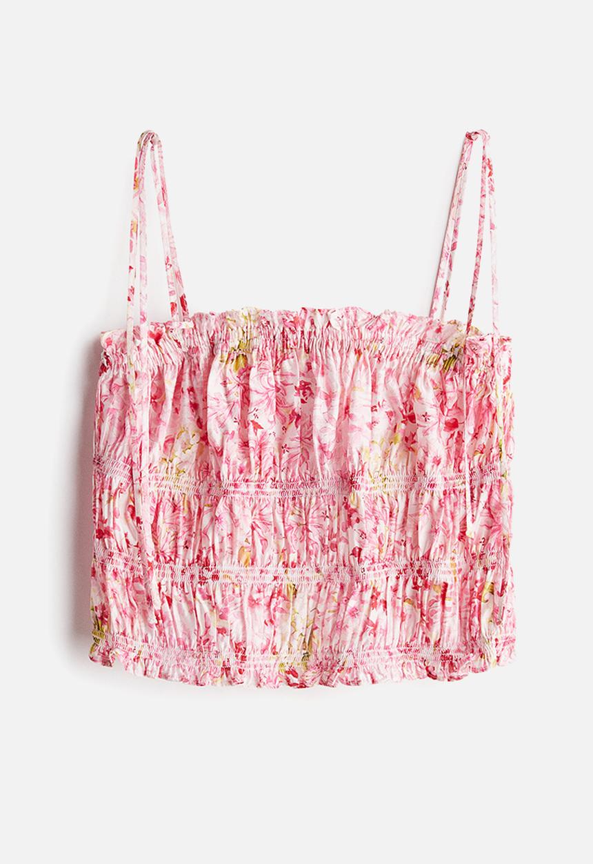 H&M - Tie-strap smocked top - light pink floral 