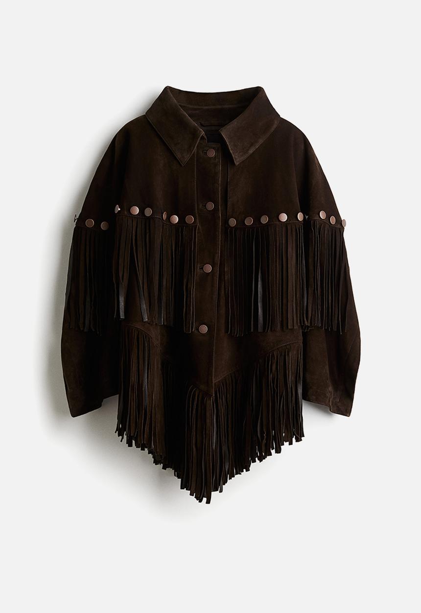 H&M - Lorena Saravia H&M: Fringed suede cape jacket - dark brown