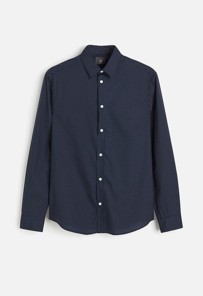 H&M - Slim fit easy-iron shirt - navy blue spotted 