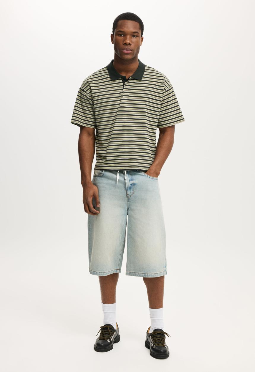 Cotton On - Cropped Fit Polo - Washed Black Multi Stripe