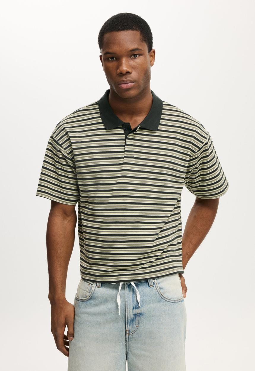 Cotton On - Cropped Fit Polo - Washed Black Multi Stripe