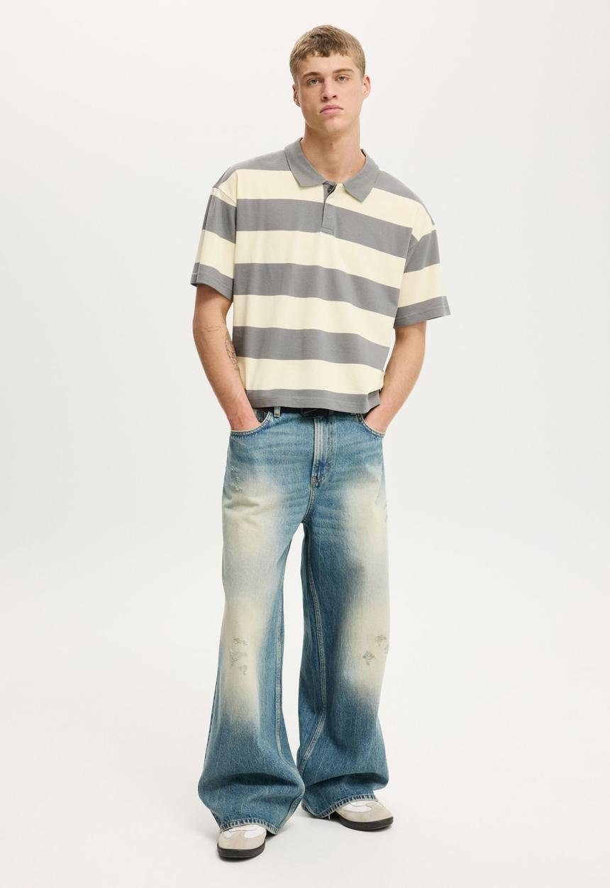 Cotton On - Cropped Fit Polo - Slate Stone Lemon Bold Stripe
