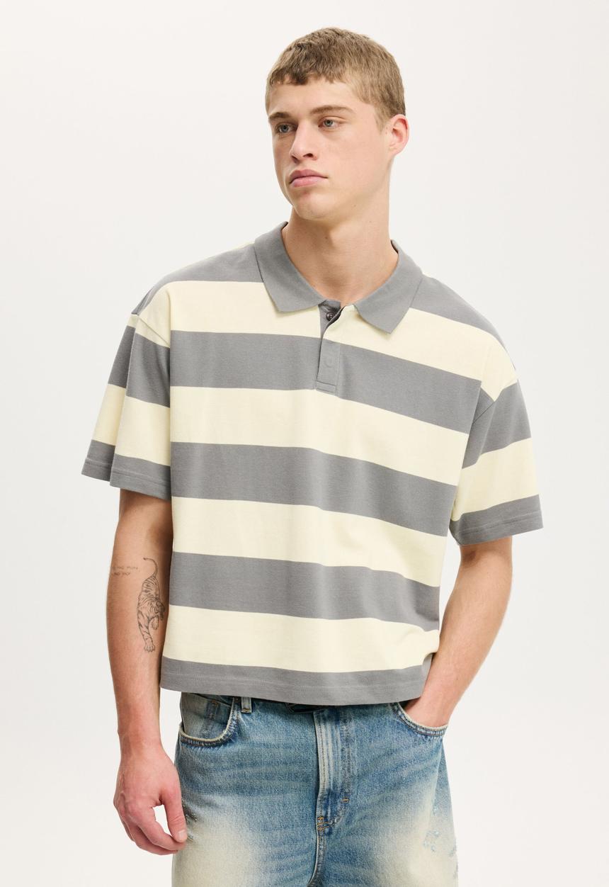 Cotton On - Cropped Fit Polo - Slate Stone Lemon Bold Stripe