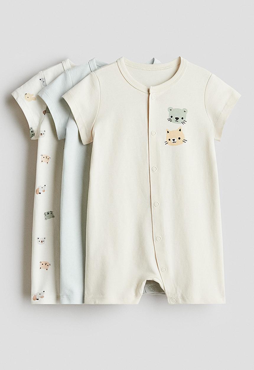 H&M - 3-Pack cotton sleepsuits - light beige/animals