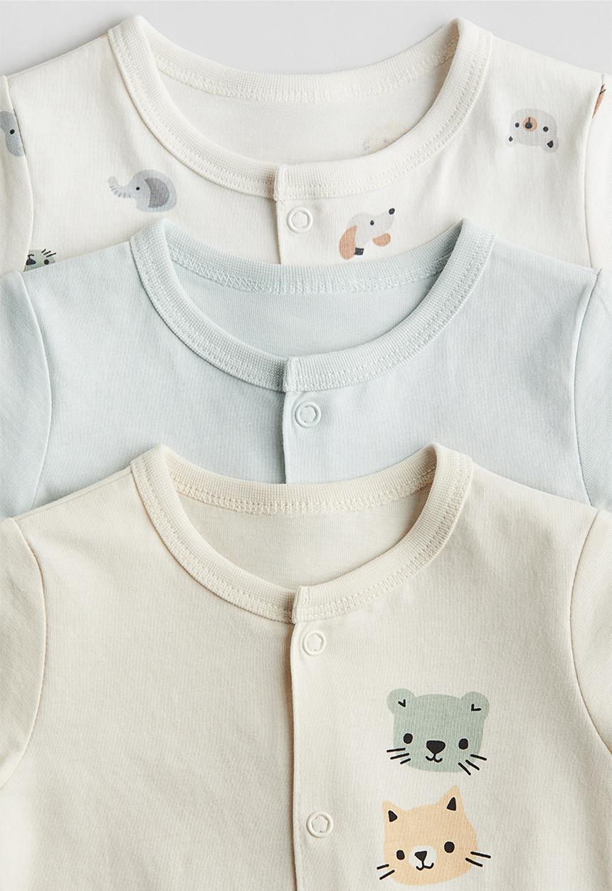 H&M - 3-Pack cotton sleepsuits - light beige/animals