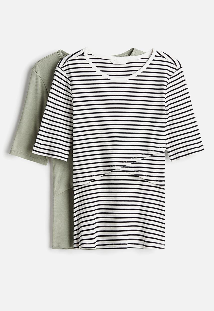 H&M - Mama 2-pack before & after nursing tops - light khaki green striped