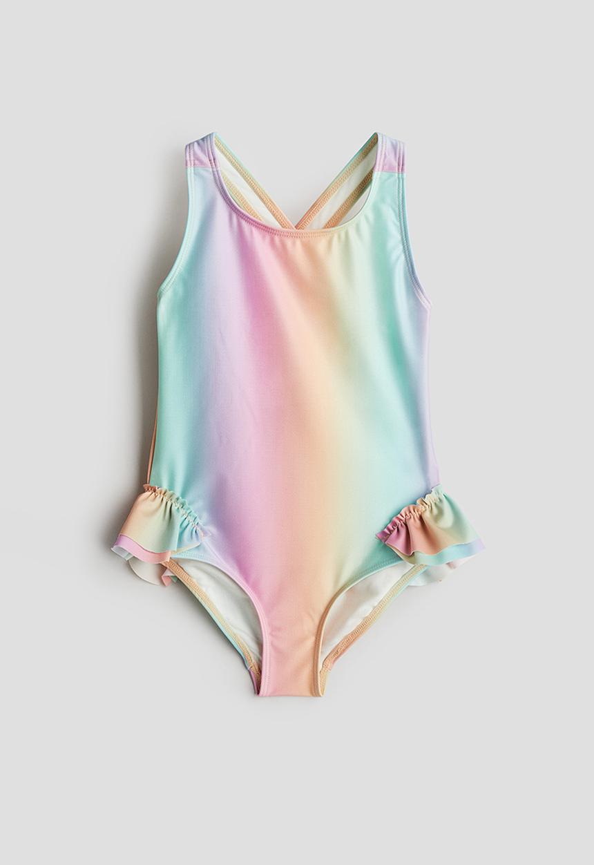 H&M - Frill-detail swimsuit - light pink & turquoise