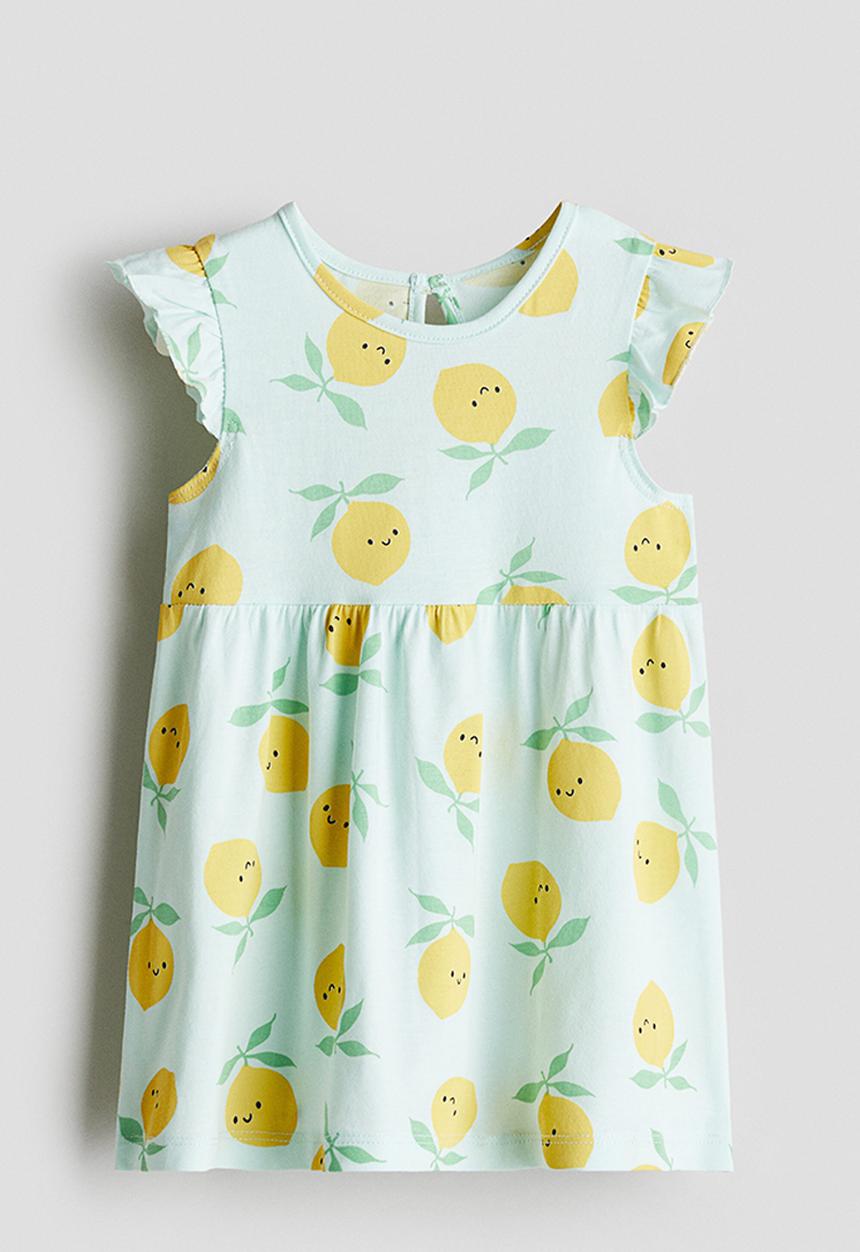H&M - Printed cotton dress - light turquoise/lemons 
