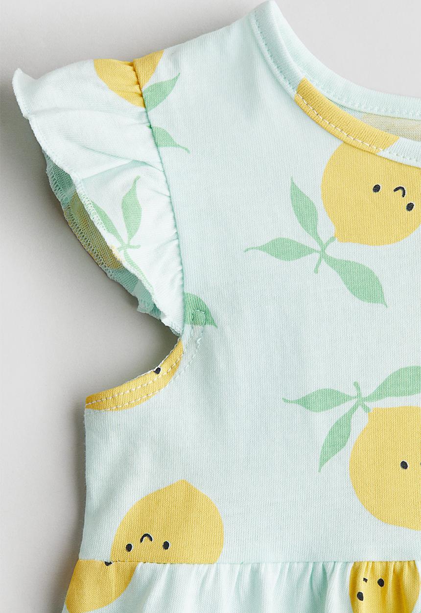 H&M - Printed cotton dress - light turquoise/lemons 
