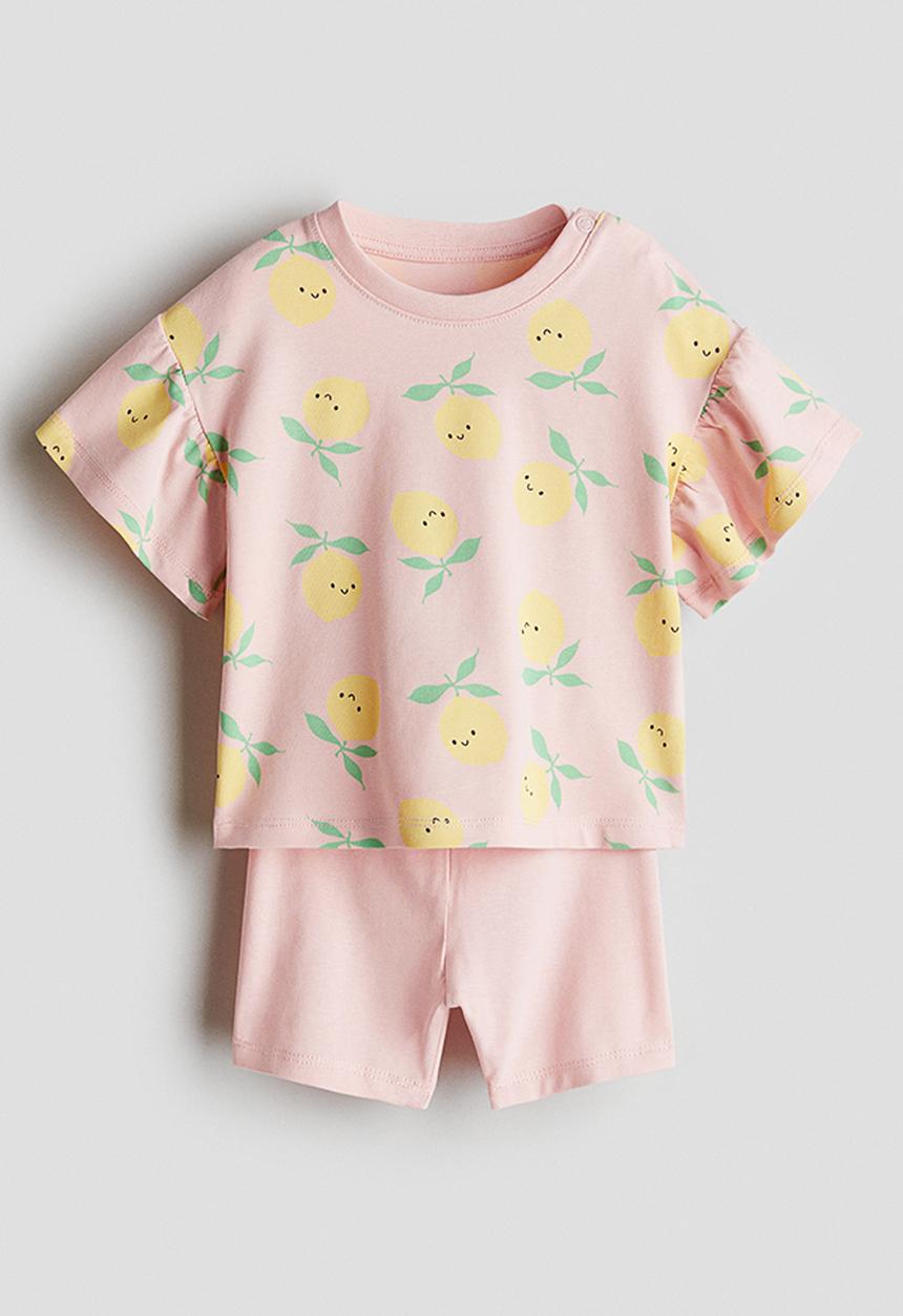 H&M - 2-piece cotton jersey set - light pink/lemons
