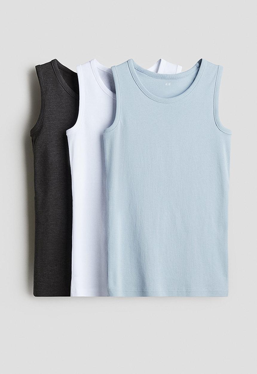 H&M - 3-Pack cotton jersey vest tops - light blue/dark grey 