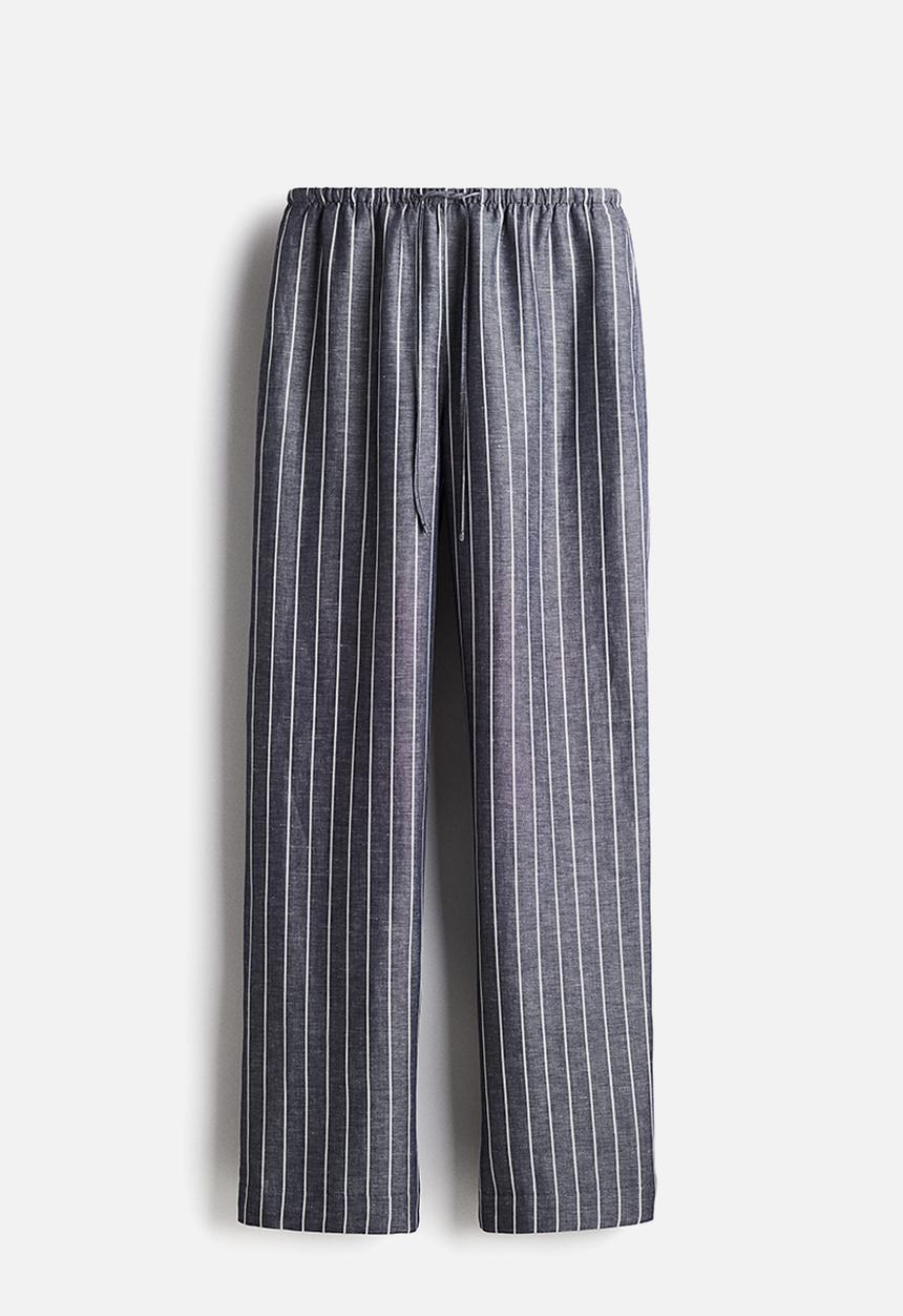 H&M - Straight linen-blend trousers - dark blue striped