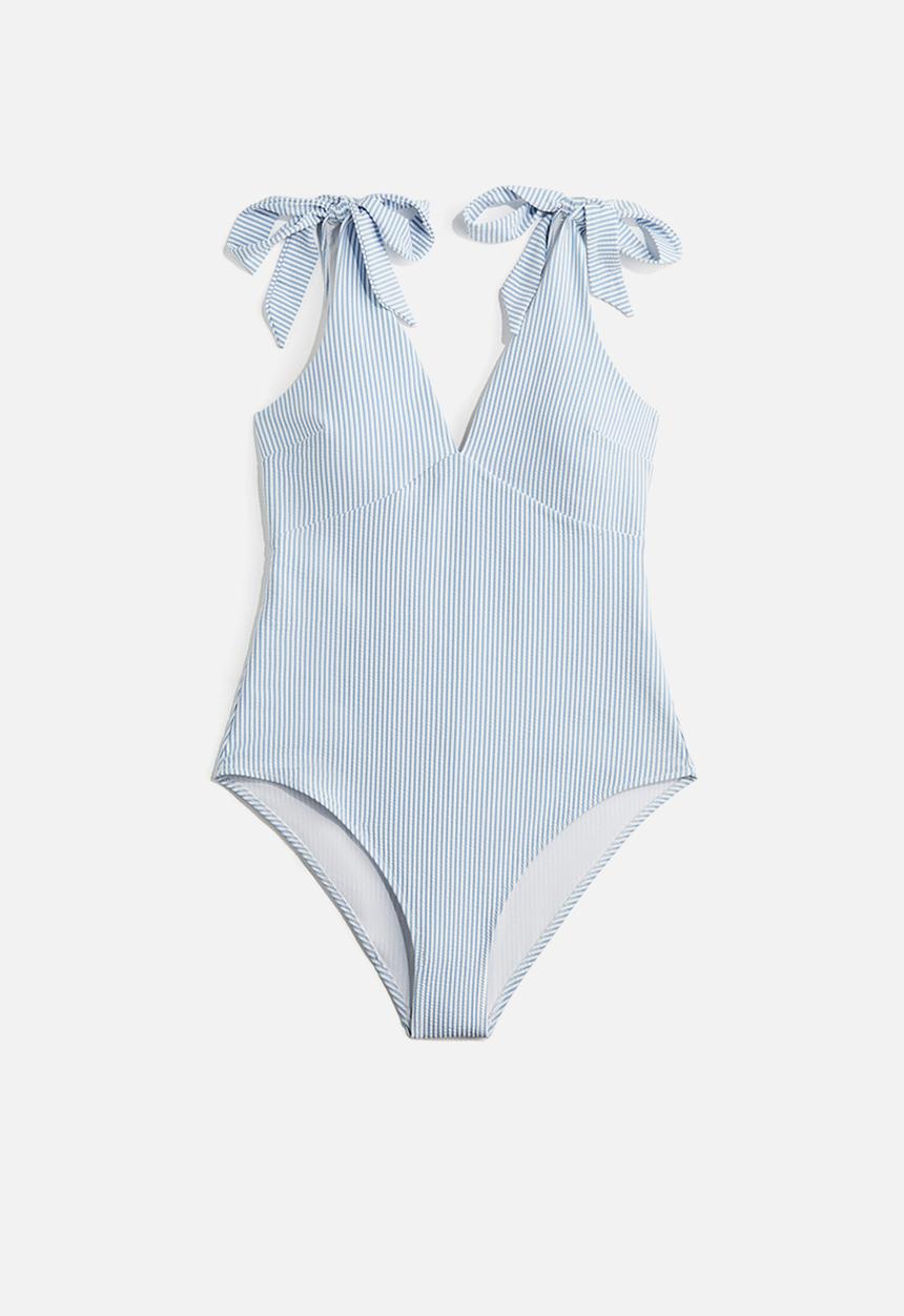 H&M - Padded-cup high leg swimsuit - light blue striped 