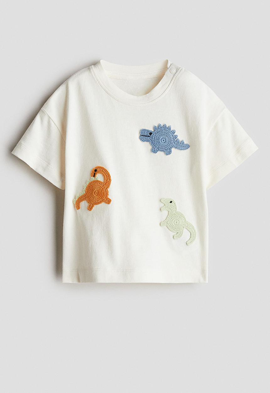 H&M - Appliquéd T-shirt - white dinosaurs