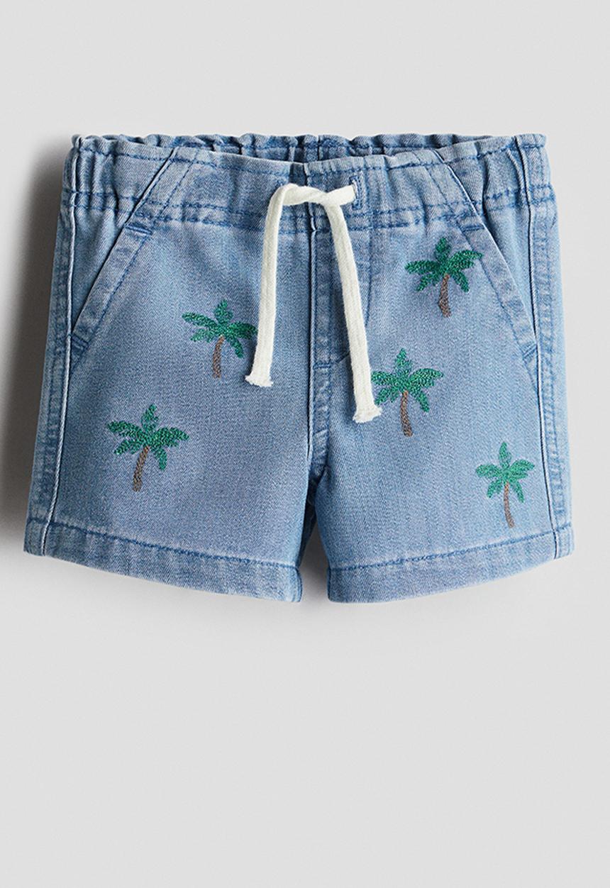 H&M - Embroidery-detail denim shorts - denim blue palm trees