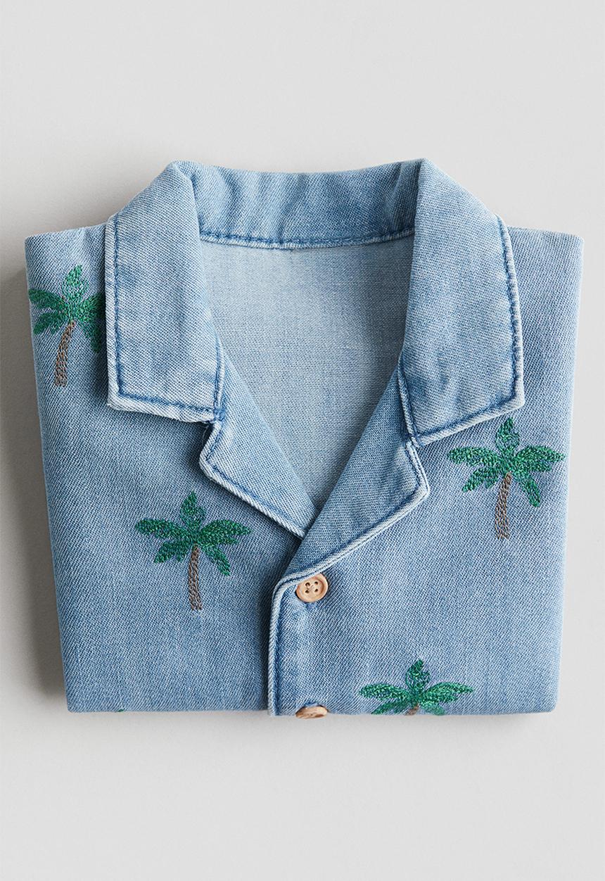 H&M - Embroidery-detail denim shirt - denim blue palm trees