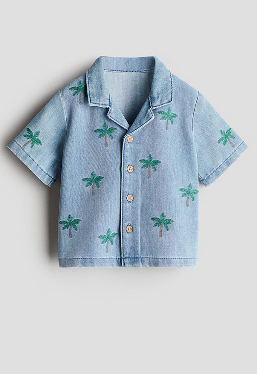 H&M - Embroidery-detail denim shirt - denim blue palm trees