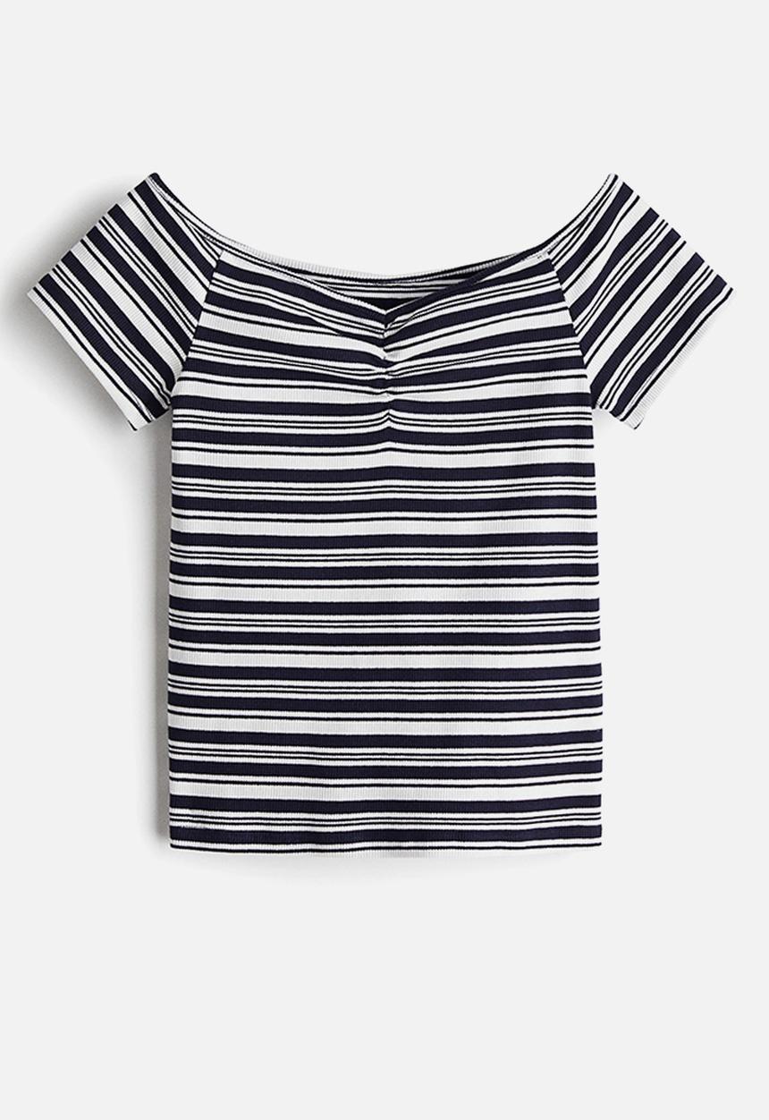 H&M - Ribbed boat-neck top - navy blue/white striped