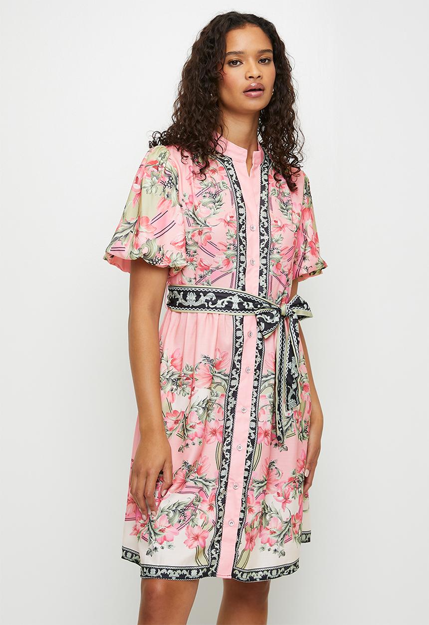 Stella Morgan - S/s Puff Elasticated Cuff Dress with Border Print  Dress - Coral
