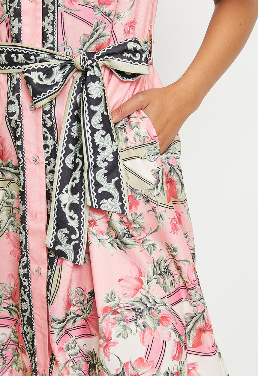Stella Morgan - S/s Puff Elasticated Cuff Dress with Border Print  Dress - Coral