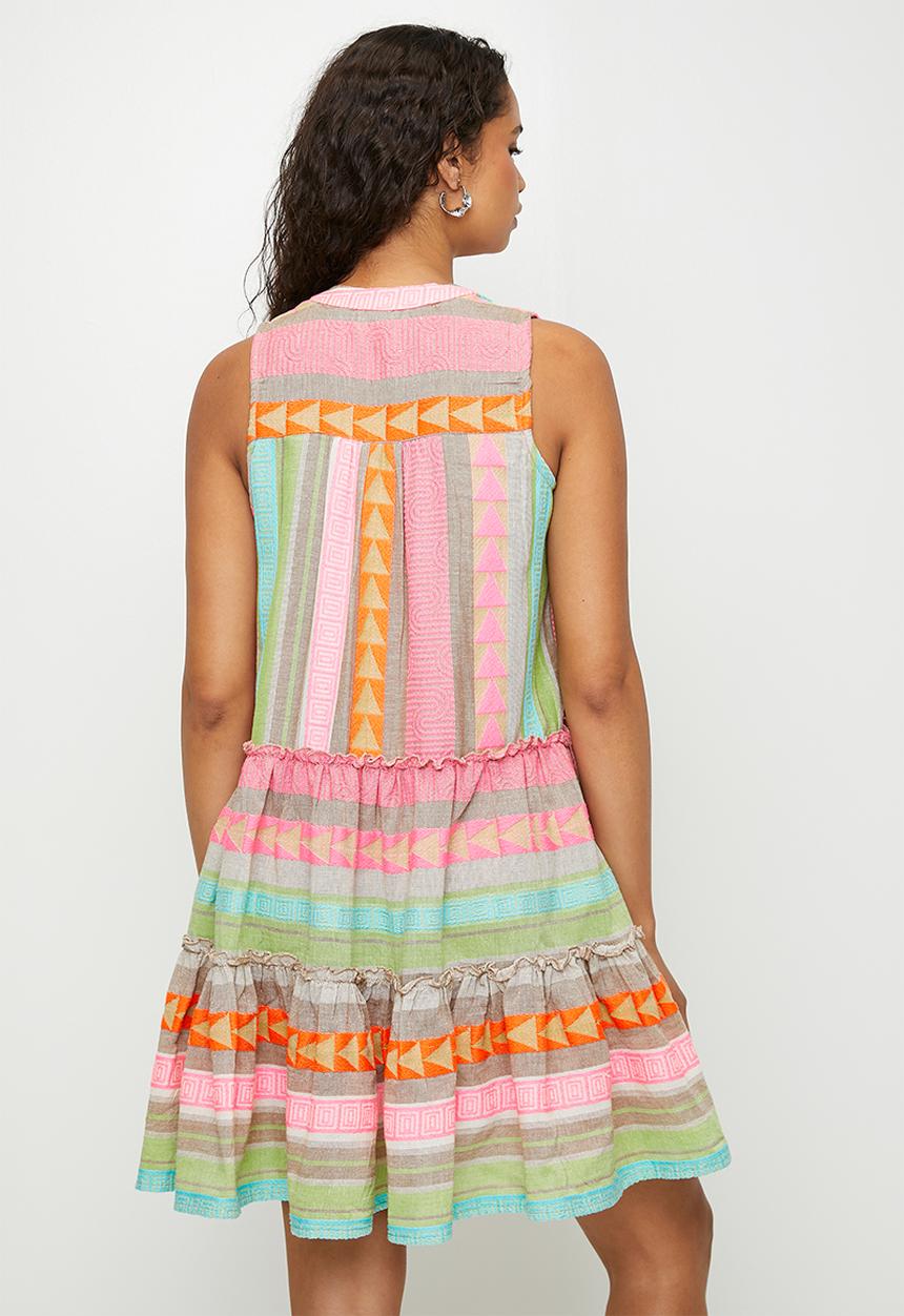 Stella Morgan - Sleeveless key hole 2 tier dress with zigzag and stripe detail - multi