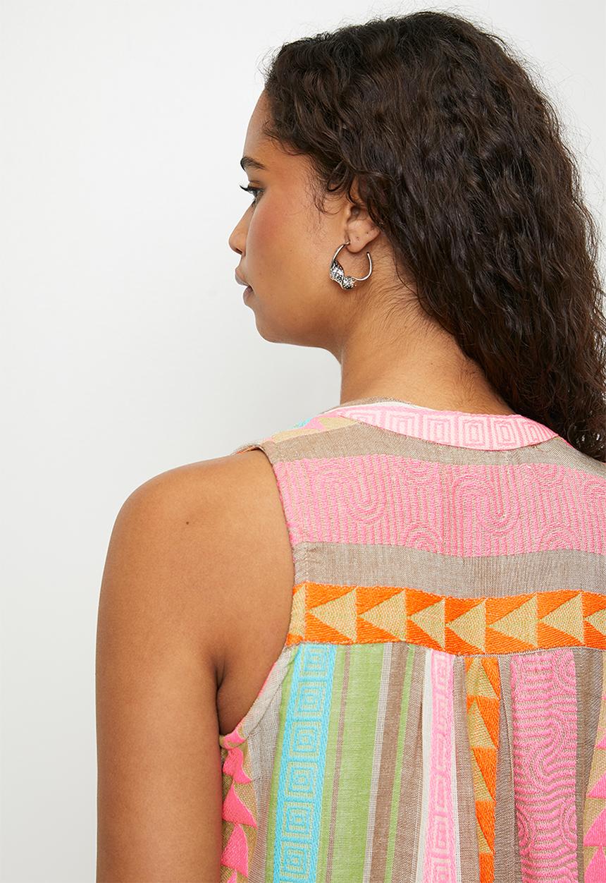 Stella Morgan - Sleeveless key hole 2 tier dress with zigzag and stripe detail - multi