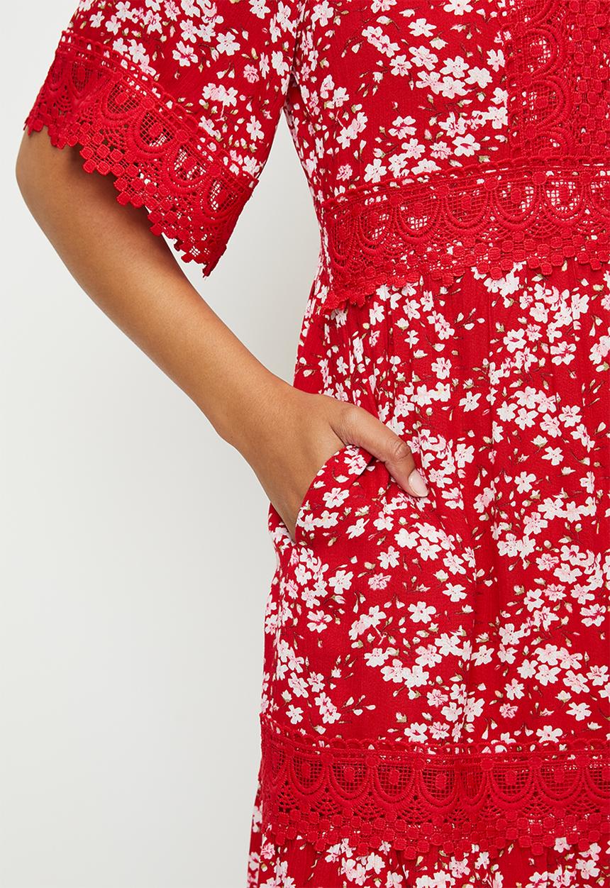 Stella Morgan - V-neck ladder lace midi dress with ditsy floral print - red
